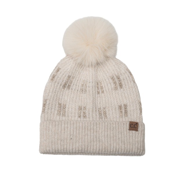 C.C HTE0182
Vertical Stripe Knit Pattern Pom Beanie 

- One Size
- 55% Recycled Polyester / 27% Polyester / 15% Acrylic / 3% Spandex 
- POM: 100% Faux Fur