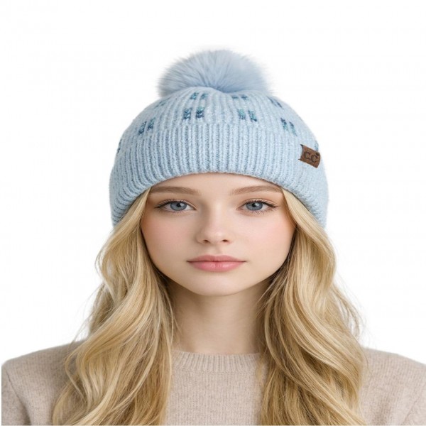 C.C HTE0182
Vertical Stripe Knit Pattern Pom Beanie 

- One Size
- 55% Recycled Polyester / 27% Polyester / 15% Acrylic / 3% Spandex 
- POM: 100% Faux Fur