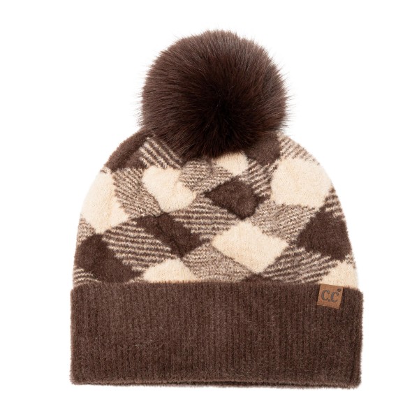 Buffalo Check Pom Beanie with a bold plaid knit crown, a solid ribbed fold over cuff, and an oversized faux fur pom on top. The soft stretch knit keeps ears warm and fits most adults comfortably. Made for tailgates, holiday markets, cabin weekends, and snowy school pickups. Plaid pom beanies are a classic winter seller and a go to stocking stuffer for teens, moms, and friends.