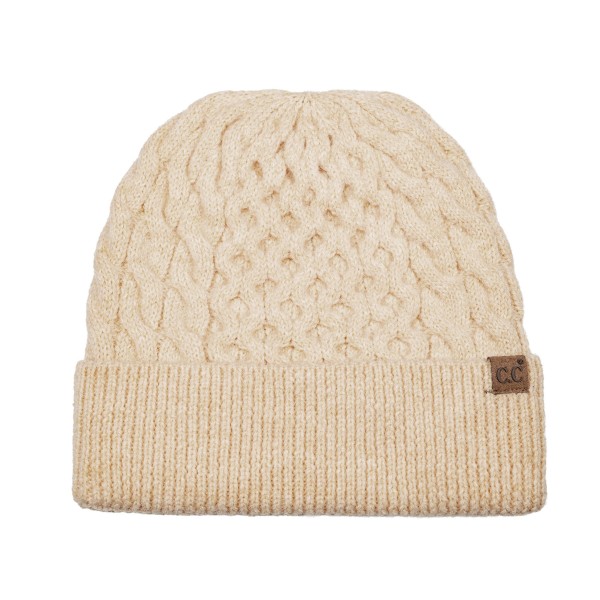 Cable Knit Cuffed Beanie with an allover braided cable pattern and a thick fold over cuff finished with a small faux leather patch. The soft stretch knit hugs the head without squeezing, and the double layer cuff adds extra warmth over the ears. A classic cold weather staple for game days, school runs, ski trips, and holiday gifting. Timeless cable knit beanies are a dependable reorder every fall and winter, so this one earns a permanent spot on the hat wall.