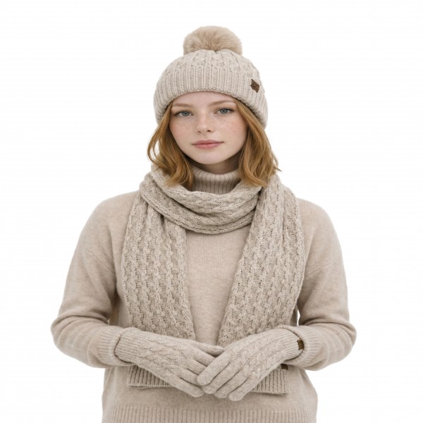 Lattice Cable Knit Pom Beanie with an allover diamond cable texture in a soft heathered yarn, topped with a plush faux fur pom. The ribbed band folds up for a snug double layer over the ears, and a small faux leather patch adds a finished look. A cozy favorite for holiday shopping, tailgates, and snowy weekend walks. Textured pom beanies are a top seller every winter and make an easy, giftable add on at the register.