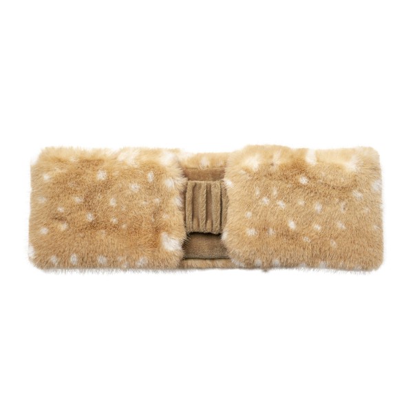 Fawn Print Faux Fur Headwrap made from plush, ultra soft faux fur printed with a sweet fawn spot pattern. The wide band covers the ears for real warmth while leaving room for ponytails, buns, and messy hair days. Perfect for school drop off, holiday markets, ski trips, and cold morning walks. A cute, giftable cold weather accessory that pairs perfectly with the matching scarf and bucket hat for easy add on sales.