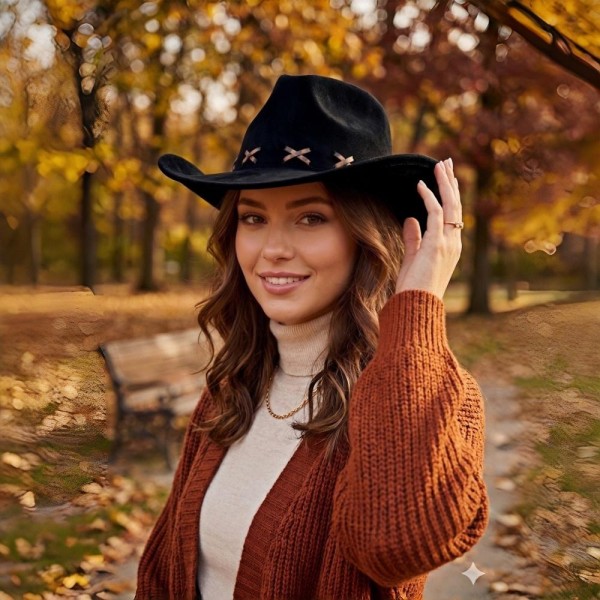 Faux Suede Cowboy Hat With Leopard Stitching

- One Size 
- 100% Polyester 