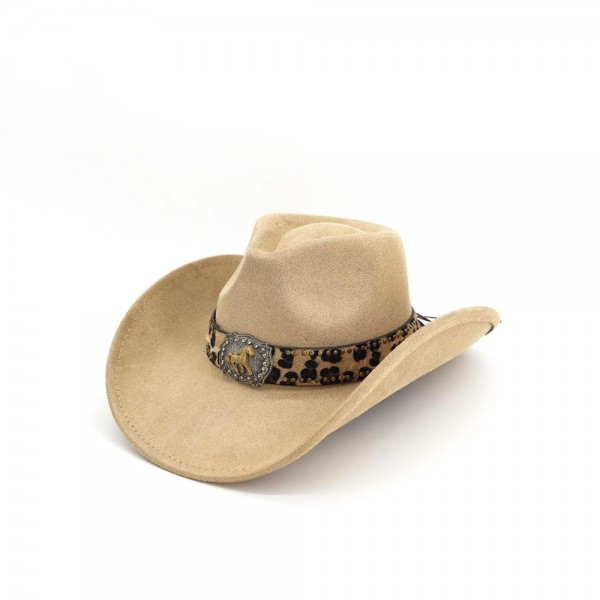Faux suede cowboy hat trimmed with an animal print band and a silver tone concho. Shaped pinch front crown, wide upturned brim, and a chin cord that holds it in place outdoors. A western staple for boutique buyers stocking rodeos, country concerts, festivals, and fall photo sessions. Print banded cowboy hats read as the statement piece on a hat wall and move fast in fall.