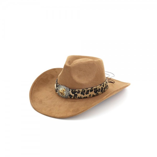 Faux suede cowboy hat trimmed with an animal print band and a silver tone concho. Shaped pinch front crown, wide upturned brim, and a chin cord that holds it in place outdoors. A western staple for boutique buyers stocking rodeos, country concerts, festivals, and fall photo sessions. Print banded cowboy hats read as the statement piece on a hat wall and move fast in fall.