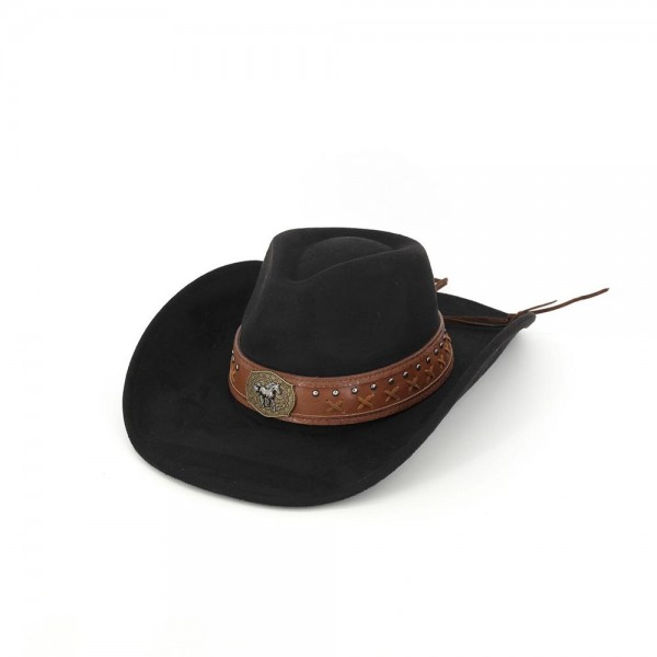 Faux suede cowboy hat finished with a tooled leather look band and a silver tone concho. Shaped pinch front crown, wide upturned brim, and a chin cord for windy days at the arena or the fairgrounds. A western staple for boutique buyers stocking rodeos, country concerts, festivals, and fall photo sessions. Shaped cowboy hats anchor a hat wall and start the sale for the whole outfit.