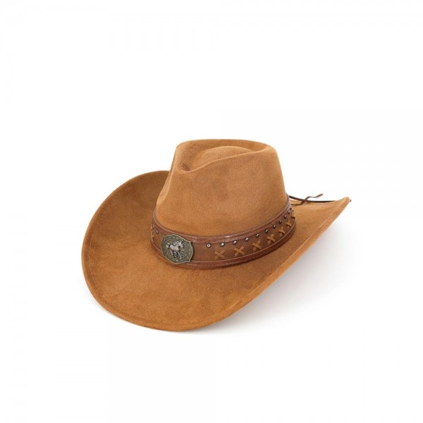 Faux suede cowboy hat finished with a tooled leather look band and a silver tone concho. Shaped pinch front crown, wide upturned brim, and a chin cord for windy days at the arena or the fairgrounds. A western staple for boutique buyers stocking rodeos, country concerts, festivals, and fall photo sessions. Shaped cowboy hats anchor a hat wall and start the sale for the whole outfit.