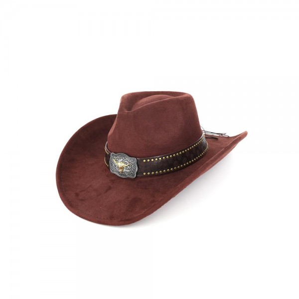 Faux suede cowboy hat with a studded band and a silver tone concho at the front. Shaped pinch front crown, wide upturned brim, and a chin cord that keeps it on through an open field or a tailgate lot. A western staple for boutique buyers stocking rodeos, country concerts, festivals, and fall photo sessions. Shaped cowboy hats anchor a hat wall and pull customers straight to the display.