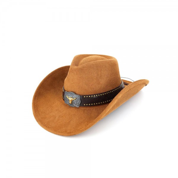 Faux suede cowboy hat with a studded band and a silver tone concho at the front. Shaped pinch front crown, wide upturned brim, and a chin cord that keeps it on through an open field or a tailgate lot. A western staple for boutique buyers stocking rodeos, country concerts, festivals, and fall photo sessions. Shaped cowboy hats anchor a hat wall and pull customers straight to the display.