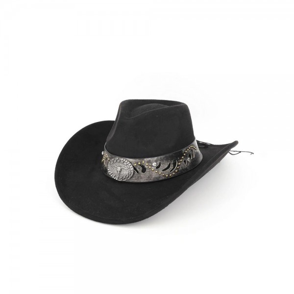 Structured felt cowboy hat finished with a studded concho hat band and a leather look trim. Shaped pinch front crown, wide upturned brim, and a brushed felt body that holds its shape season after season. A western staple for boutique buyers stocking rodeos, country concerts, festivals, and fall photo sessions. Hat walls pull customers straight to the display, and a shaped cowboy hat is the piece that starts the sale.