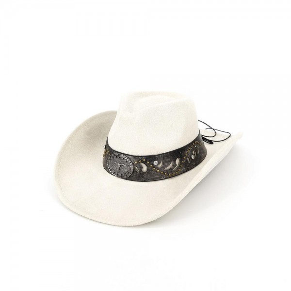 Structured felt cowboy hat finished with a studded concho hat band and a leather look trim. Shaped pinch front crown, wide upturned brim, and a brushed felt body that holds its shape season after season. A western staple for boutique buyers stocking rodeos, country concerts, festivals, and fall photo sessions. Hat walls pull customers straight to the display, and a shaped cowboy hat is the piece that starts the sale.