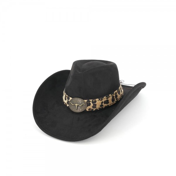 Faux Suede Cowboy Hat finished with an animal print band and a polished longhorn concho. The shapeable brim and structured crown hold their shape, and a braided chin cord keeps it secure outdoors. A western staple for concerts, rodeos, bachelorette weekends, and game day styling. Western hats stay in demand all year, and this one lands at a price point boutiques can mark up comfortably.