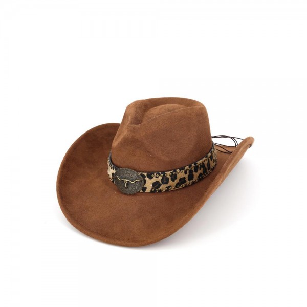 Faux Suede Cowboy Hat finished with an animal print band and a polished longhorn concho. The shapeable brim and structured crown hold their shape, and a braided chin cord keeps it secure outdoors. A western staple for concerts, rodeos, bachelorette weekends, and game day styling. Western hats stay in demand all year, and this one lands at a price point boutiques can mark up comfortably.