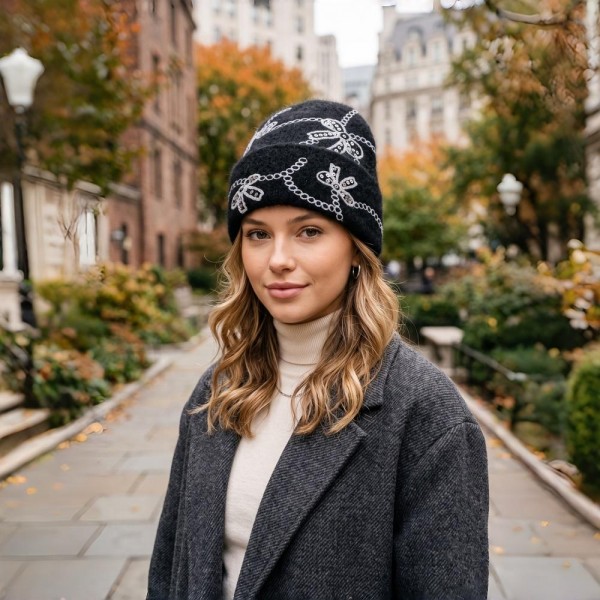 Add a sweet and sparkly finish to cold weather looks with this bow embroidered knit beanie, featuring delicate sequin bows linked by a scalloped chain design across a soft, fuzzy ribbed knit. The fold over cuff offers extra warmth around the ears and a relaxed, slouchy fit that flatters every face. A charming seasonal favorite that pairs beautifully with sweaters and wool coats, perfect for holiday gifting and boutique displays.