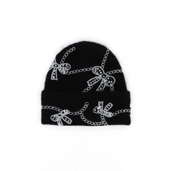 Add a sweet and sparkly finish to cold weather looks with this bow embroidered knit beanie, featuring delicate sequin bows linked by a scalloped chain design across a soft, fuzzy ribbed knit. The fold over cuff offers extra warmth around the ears and a relaxed, slouchy fit that flatters every face. A charming seasonal favorite that pairs beautifully with sweaters and wool coats, perfect for holiday gifting and boutique displays.