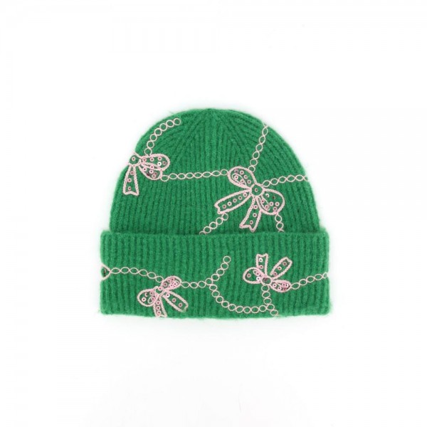 Add a sweet and sparkly finish to cold weather looks with this bow embroidered knit beanie, featuring delicate sequin bows linked by a scalloped chain design across a soft, fuzzy ribbed knit. The fold over cuff offers extra warmth around the ears and a relaxed, slouchy fit that flatters every face. A charming seasonal favorite that pairs beautifully with sweaters and wool coats, perfect for holiday gifting and boutique displays.