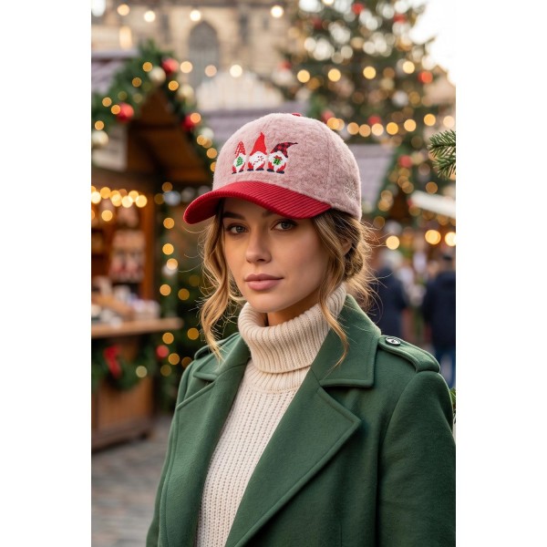Holiday Gnome Embroidered Baseball Cap with a plush boucle crown and contrast corduroy brim. A row of stitched gnomes in pointed hats runs across the front for a whimsical Christmas look that photographs beautifully in store and online. An adjustable back strap fits most. Gnome designs are a proven seasonal seller, so this one turns fast for gift shops, boutiques, and holiday pop ups.