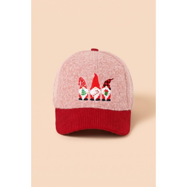 Holiday Gnome Embroidered Baseball Cap with a plush boucle crown and contrast corduroy brim. A row of stitched gnomes in pointed hats runs across the front for a whimsical Christmas look that photographs beautifully in store and online. An adjustable back strap fits most. Gnome designs are a proven seasonal seller, so this one turns fast for gift shops, boutiques, and holiday pop ups.