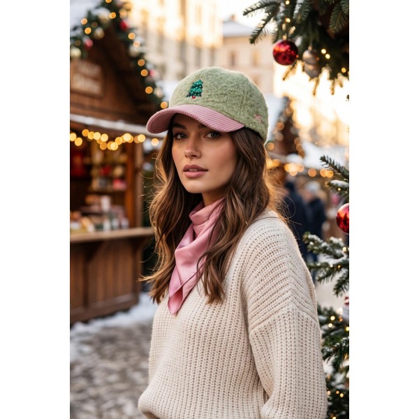 Christmas Tree Embroidered Baseball Cap in a cozy boucle knit with a contrast corduroy brim. A small decorated tree is stitched at the front for a clean holiday statement that pairs with any winter outfit. An adjustable back strap fits most. A wearable everyday holiday hat for tree farm outings, Christmas markets, and family photo sessions, priced to sell through quickly.