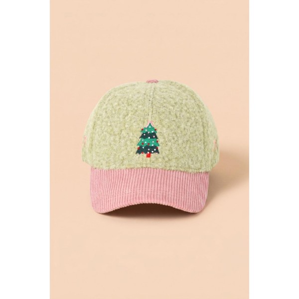 Christmas Tree Embroidered Baseball Cap in a cozy boucle knit with a contrast corduroy brim. A small decorated tree is stitched at the front for a clean holiday statement that pairs with any winter outfit. An adjustable back strap fits most. A wearable everyday holiday hat for tree farm outings, Christmas markets, and family photo sessions, priced to sell through quickly.