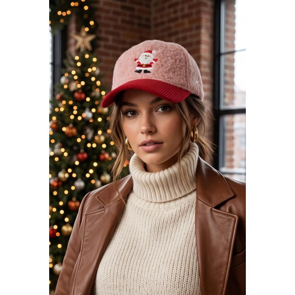 Santa Embroidered Baseball Cap featuring a plush boucle crown, a contrast corduroy brim, and a detailed stitched Santa figure at the center front. The brushed texture makes it warmer than a standard cotton cap, so it wears well through the whole season. An adjustable back strap fits most. A reliable holiday impulse buy for boutiques, gift shops, and Christmas events.