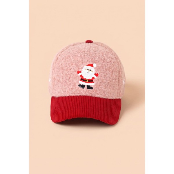 Santa Embroidered Baseball Cap featuring a plush boucle crown, a contrast corduroy brim, and a detailed stitched Santa figure at the center front. The brushed texture makes it warmer than a standard cotton cap, so it wears well through the whole season. An adjustable back strap fits most. A reliable holiday impulse buy for boutiques, gift shops, and Christmas events.