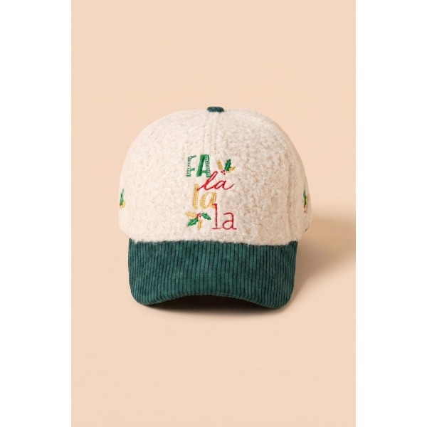 Fa La La Embroidered Baseball Cap with a soft boucle crown and contrast corduroy brim. Playful script lettering and a small holly accent are stitched across the front for a festive carol inspired look. An adjustable back strap fits most. A lighthearted holiday hat that layers with sweaters and puffers, and an easy impulse add on for December displays.