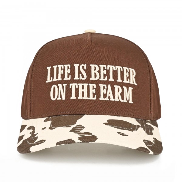 C.C TCM0231
Two Tone Canvas Cow Print Embroidered "LIFE IS BETTER ON THE FARM" Baseball Cap

- Snap Back Closure
- One Size Fits Most
- 100% Cotton