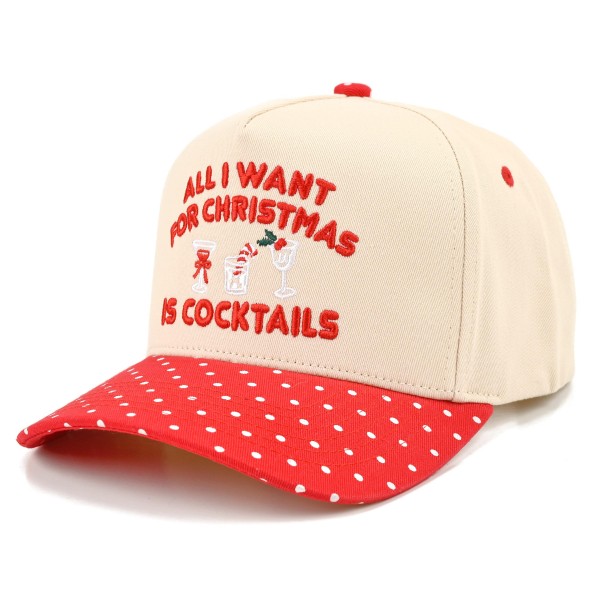 All I Want for Christmas Is Cocktails embroidered baseball cap with a structured front panel and a polka dot curved brim. Raised embroidered lettering gives it a playful holiday attitude that looks great at tree farms, ugly sweater parties, and girls' nights out. An adjustable back closure fits most head sizes. Funny holiday hats are a top impulse buy and a favorite gift exchange pick, so expect this one to move fast from November through New Year's.