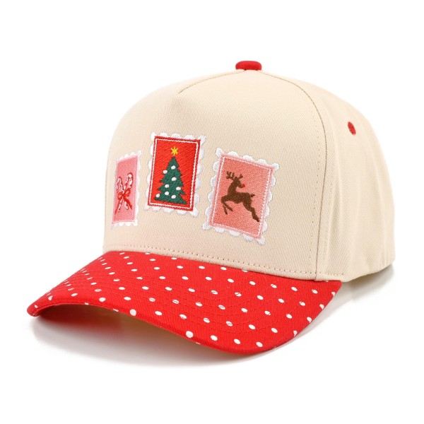 Christmas Stamp Baseball Cap featuring vintage style postage stamp patches with a Christmas tree, reindeer, and holiday bow across the front. A structured cap with a contrast brim that adds a sweet pop to cozy knits and winter coats. Perfect for holiday markets, cookie swaps, Christmas card photos, and gift exchanges. Retro holiday patch hats are a trending seasonal favorite that shoppers love to give and wear all December.