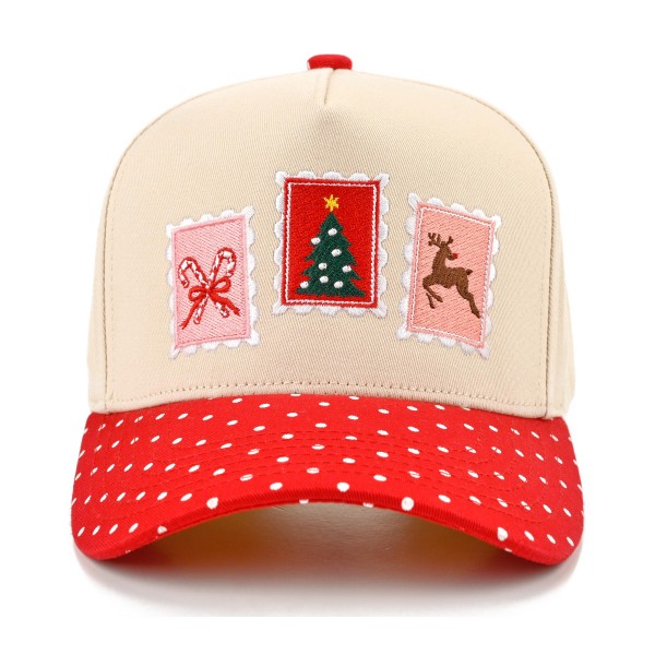 Christmas Stamp Baseball Cap featuring vintage style postage stamp patches with a Christmas tree, reindeer, and holiday bow across the front. A structured cap with a contrast brim that adds a sweet pop to cozy knits and winter coats. Perfect for holiday markets, cookie swaps, Christmas card photos, and gift exchanges. Retro holiday patch hats are a trending seasonal favorite that shoppers love to give and wear all December.