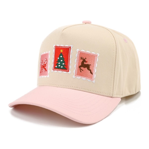 Christmas Stamp Baseball Cap featuring vintage style postage stamp patches with a Christmas tree, reindeer, and holiday bow across the front. A structured cap with a contrast brim that adds a sweet pop to cozy knits and winter coats. Perfect for holiday markets, cookie swaps, Christmas card photos, and gift exchanges. Retro holiday patch hats are a trending seasonal favorite that shoppers love to give and wear all December.
