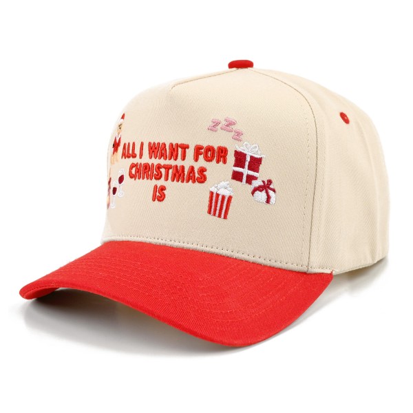 All I Want For Christmas Is Baseball Cap with playful embroidered lettering surrounded by wrapped presents and a sleepy Zzz, a cute nod to naps and gifts. A structured cap with a bold contrast brim that brightens up any cold weather outfit. Great for Christmas parties, holiday travel, tree lighting events, and matching family photos. Funny holiday phrase hats sell quickly as gifts and are an easy add on for any Christmas display.