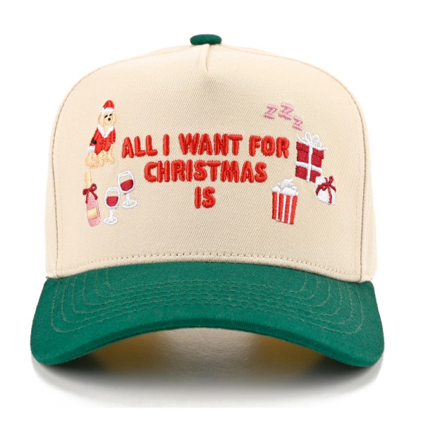 All I Want For Christmas Is Baseball Cap with playful embroidered lettering surrounded by wrapped presents and a sleepy Zzz, a cute nod to naps and gifts. A structured cap with a bold contrast brim that brightens up any cold weather outfit. Great for Christmas parties, holiday travel, tree lighting events, and matching family photos. Funny holiday phrase hats sell quickly as gifts and are an easy add on for any Christmas display.