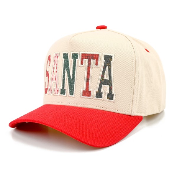 Spell out holiday spirit with this SANTA patchwork baseball cap, featuring oversized varsity letters stitched from mixed festive fabrics across a structured front panel with a contrast curved brim. A cheerful statement piece that pairs easily with sweaters, scarves, and winter coats. The adjustable back closure offers a comfortable fit for most head sizes, making it a fun gift and a festive favorite for boutiques and gift shops.