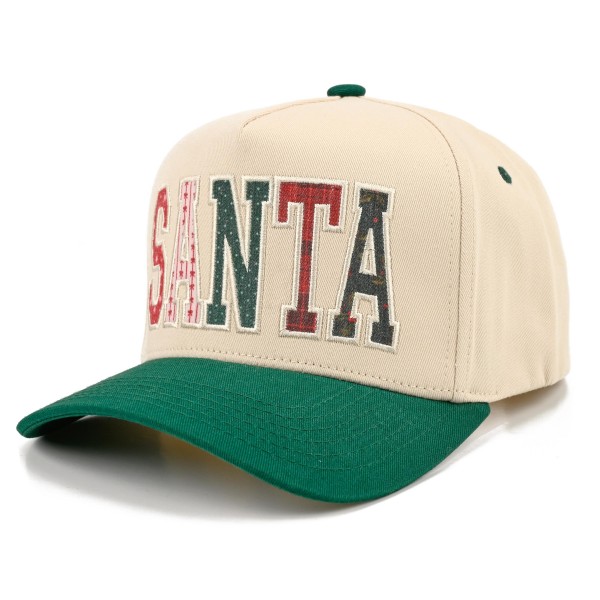 Spell out holiday spirit with this SANTA patchwork baseball cap, featuring oversized varsity letters stitched from mixed festive fabrics across a structured front panel with a contrast curved brim. A cheerful statement piece that pairs easily with sweaters, scarves, and winter coats. The adjustable back closure offers a comfortable fit for most head sizes, making it a fun gift and a festive favorite for boutiques and gift shops.