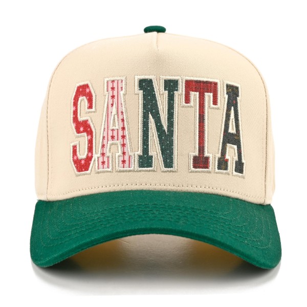 Spell out holiday spirit with this SANTA patchwork baseball cap, featuring oversized varsity letters stitched from mixed festive fabrics across a structured front panel with a contrast curved brim. A cheerful statement piece that pairs easily with sweaters, scarves, and winter coats. The adjustable back closure offers a comfortable fit for most head sizes, making it a fun gift and a festive favorite for boutiques and gift shops.
