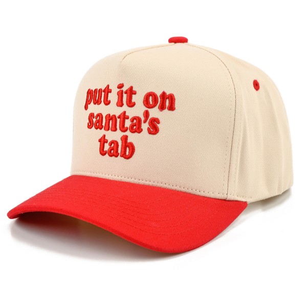 Put It On Santa's Tab Baseball Cap with cheeky embroidered script lettering across the front and a contrast brim for a fun holiday twist. A structured cap that tops off cozy sweaters, shackets, and leggings for an effortless festive look. A hit for holiday shopping sprees, Christmas parties, girls night out, and white elephant gift swaps. Funny Christmas sayings are always a top seller, making this cap an easy grab and go gift at checkout.