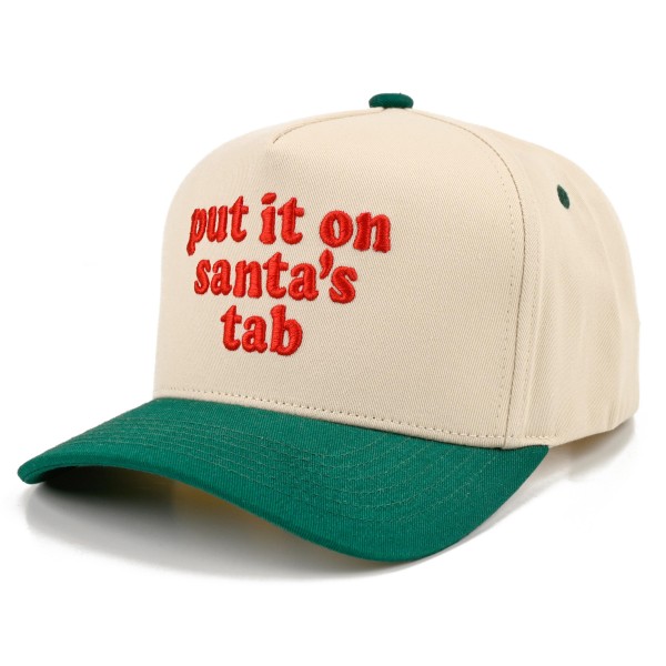 Put It On Santa's Tab Baseball Cap with cheeky embroidered script lettering across the front and a contrast brim for a fun holiday twist. A structured cap that tops off cozy sweaters, shackets, and leggings for an effortless festive look. A hit for holiday shopping sprees, Christmas parties, girls night out, and white elephant gift swaps. Funny Christmas sayings are always a top seller, making this cap an easy grab and go gift at checkout.