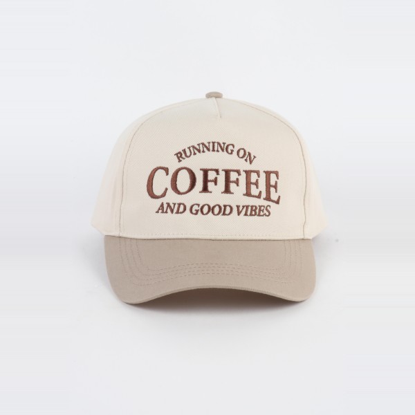 'Running On Coffee & Good Vibes' Embroidered Two Tone Baseball Cap  

- One Size Fits Most
- Snap Back Closure
- 100% Cotton