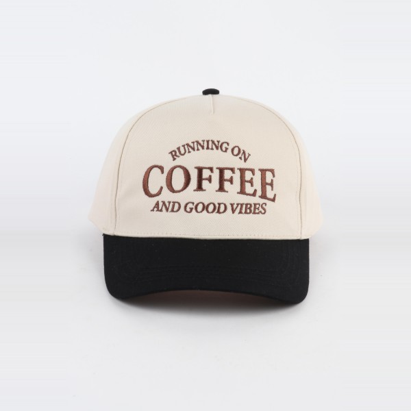 'Running On Coffee & Good Vibes' Embroidered Two Tone Baseball Cap  

- One Size Fits Most
- Snap Back Closure
- 100% Cotton