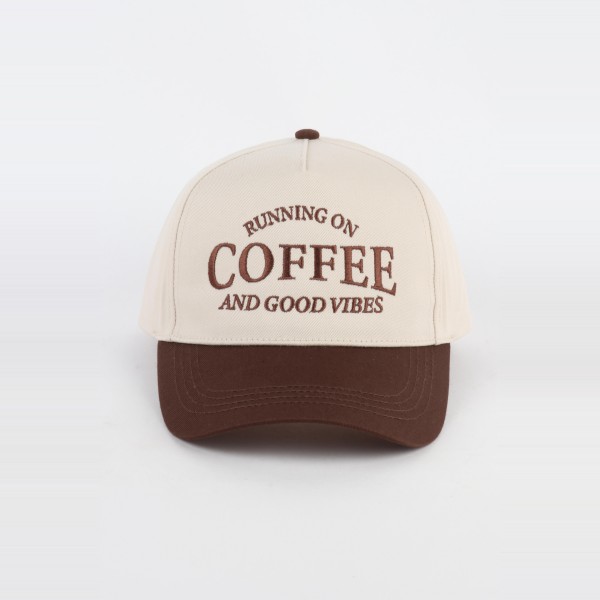 'Running On Coffee & Good Vibes' Embroidered Two Tone Baseball Cap  

- One Size Fits Most
- Snap Back Closure
- 100% Cotton