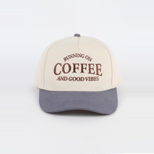 'Running On Coffee & Good Vibes' Embroidered Two Tone Baseball Cap  

- One Size Fits Most
- Snap Back Closure
- 100% Cotton