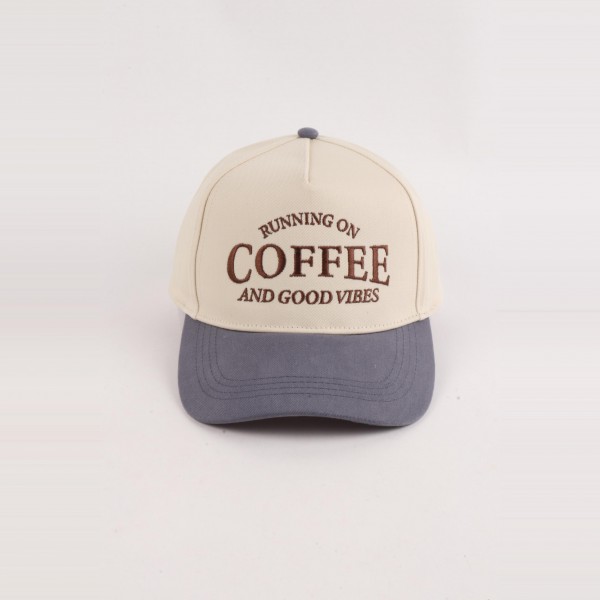 'Running On Coffee & Good Vibes' Embroidered Two Tone Baseball Cap  

- One Size Fits Most
- Snap Back Closure
- 100% Cotton