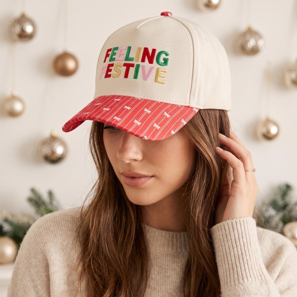 'Felling Festive' Embroidered Two Tone Baseball Cap With Bow Stripe Print Bill 

- One Size Fits Most
- Snap Back Closure
- 100% Cotton