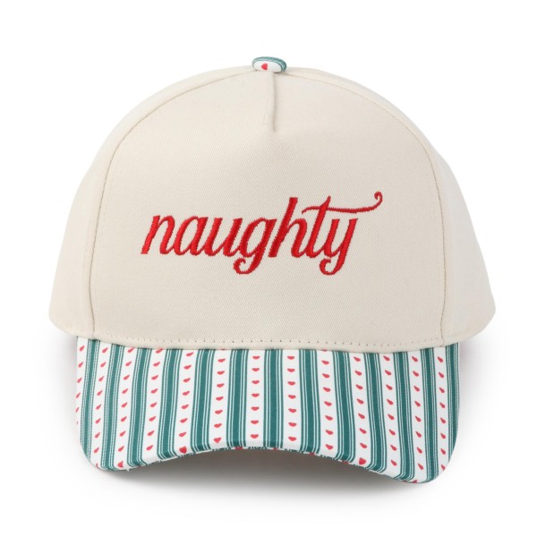 'Naughty' Embroidered Two Tone Baseball Cap With Heart & Stripe Print Bill 

- One Size Fits Most
- Snap Back Closure
- 100% Cotton