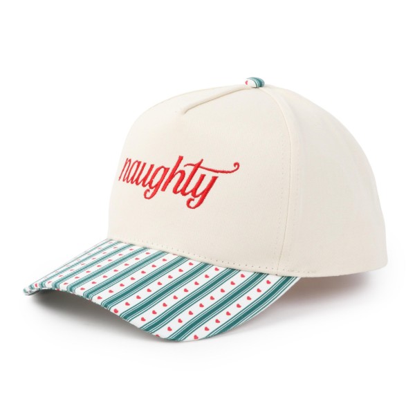 'Naughty' Embroidered Two Tone Baseball Cap With Heart & Stripe Print Bill 

- One Size Fits Most
- Snap Back Closure
- 100% Cotton
