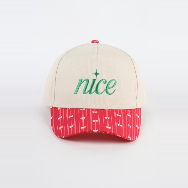 'Nice' Embroidered Two Tone Baseball Cap With Bow Stripe Print Bill 

- One Size Fits Most
- Snap Back Closure
- 100% Cotton