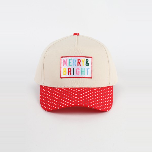 'Merry & Bright' Embroidered Patch Two Tone Baseball Cap With Polka Dot Print Bill 

- One Size Fits Most
- Snap Back Closure
- 100% Cotton