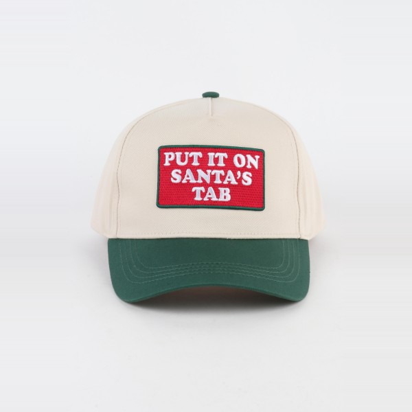 'Put It On Santa's Tab' Embroidered Patch Two Tone Baseball Cap  

- One Size Fits Most
- Snap Back Closure
- 100% Cotton